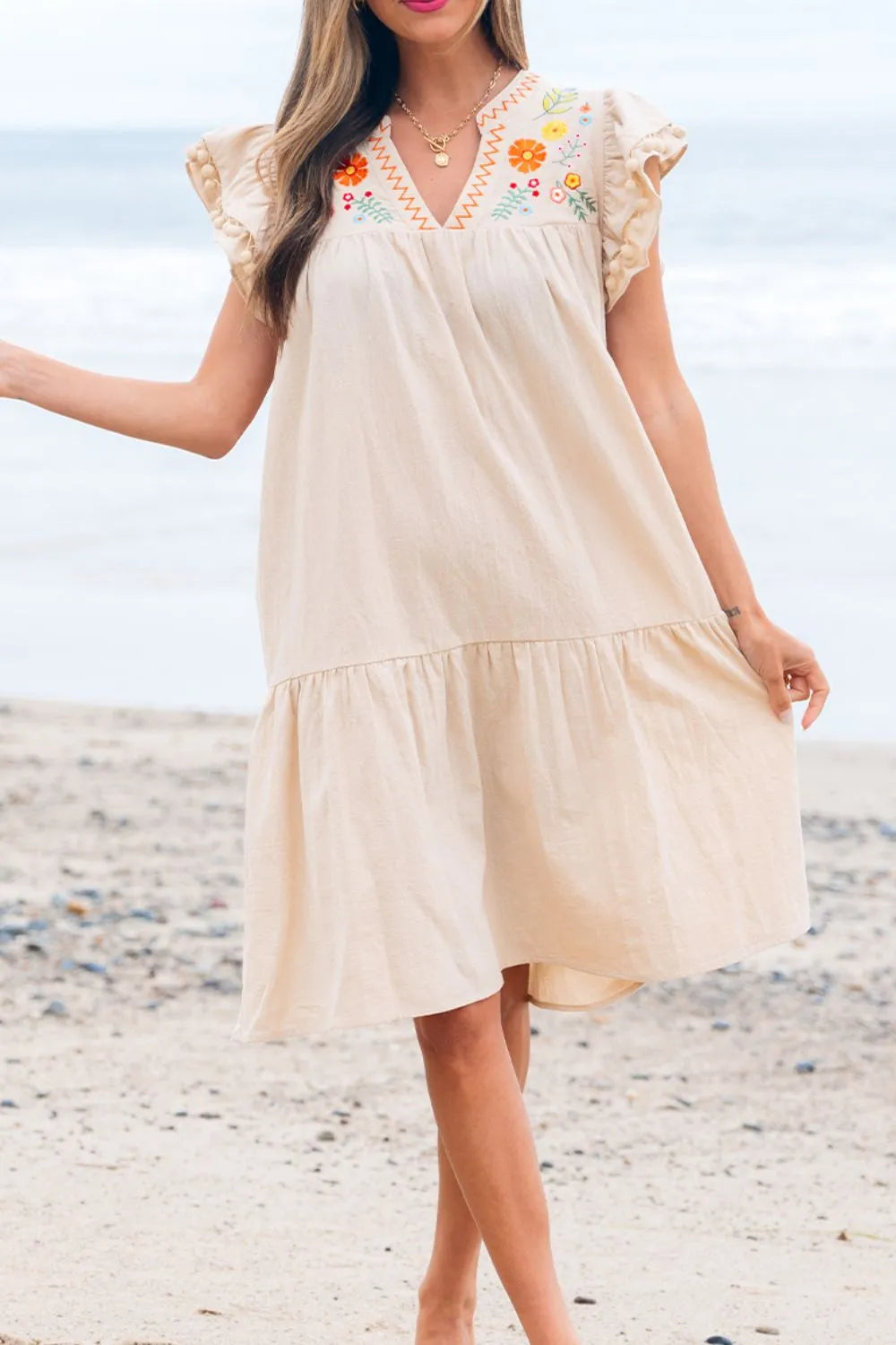 Floral Embroidery Pom Pom Ruffle Sleeves Mini Dress