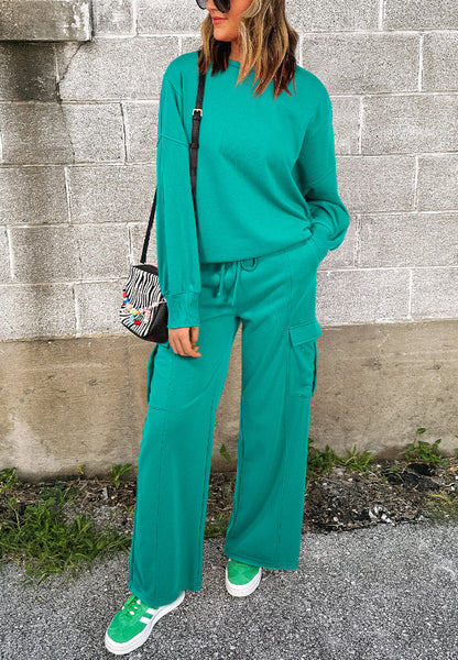 Round Neck Long Sleeve Top and Drawstring Pants Set