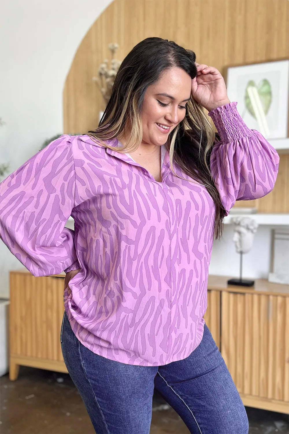 Printed Smocked Long Sleeve Blouse