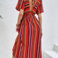 Slit Striped V-Neck Short Sleeve Midi Dress