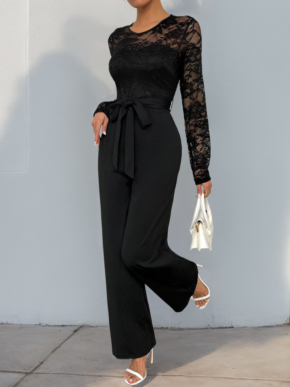 Lace Round Neck Long Sleeve Jumpsuit