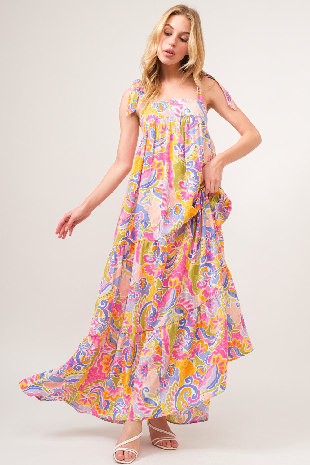 And The Why Printed Tie Shoulder Tiered Maxi Dress