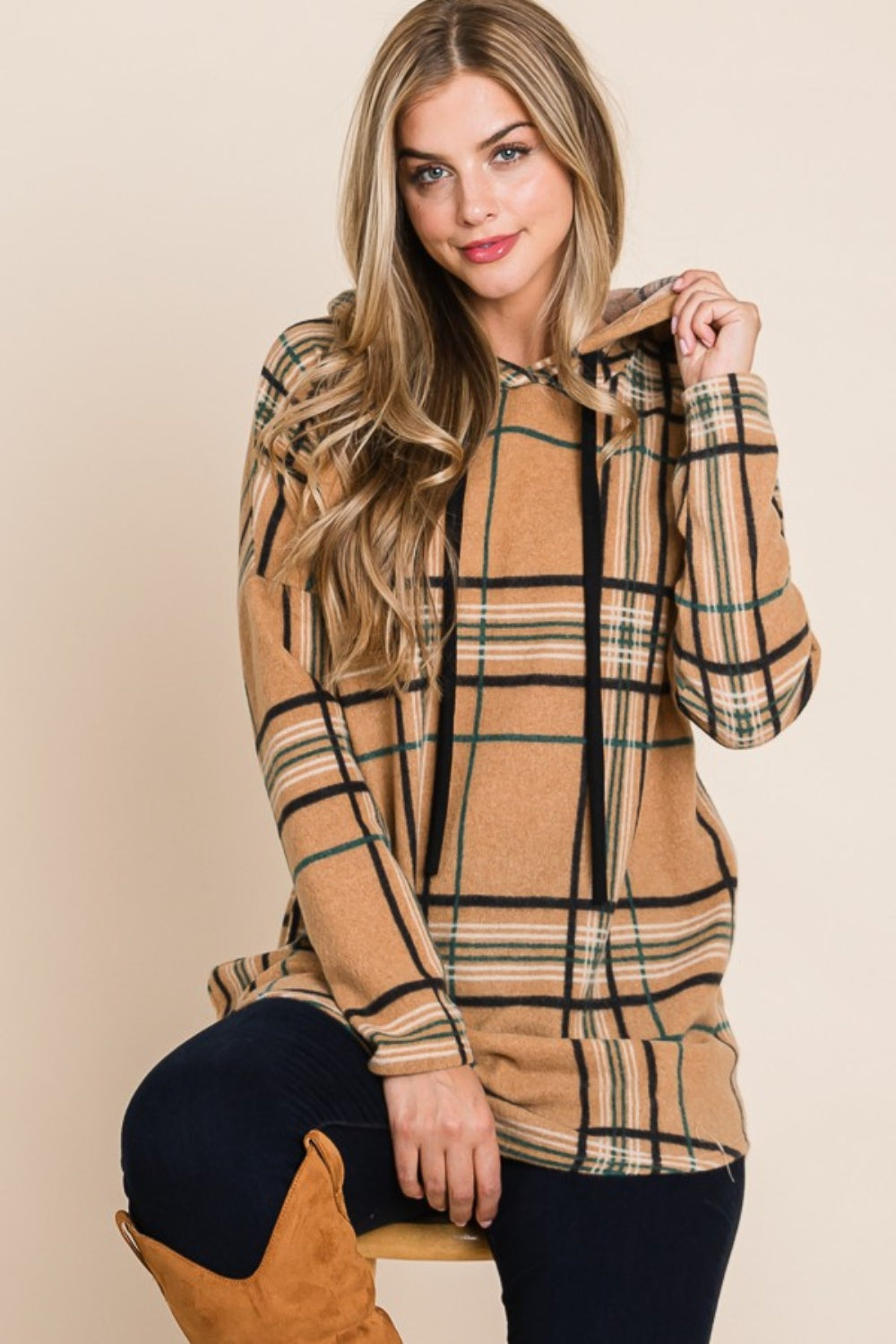 Drawstring Plaid Long Sleeve Hoodie