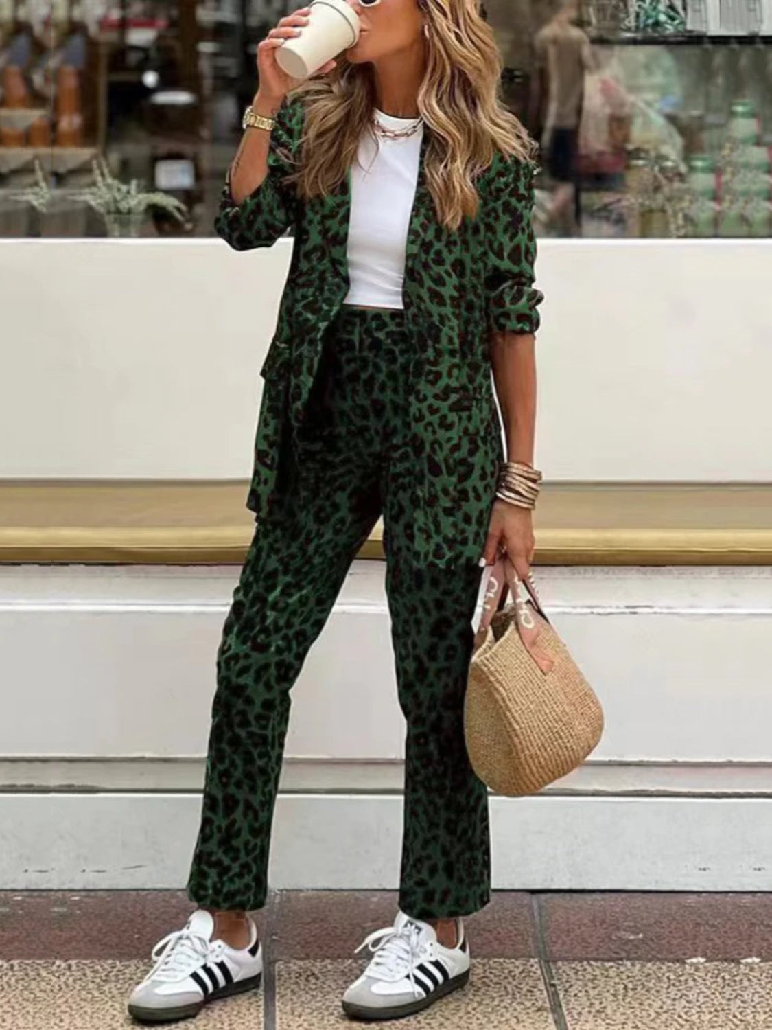 Leopard Lapel Collar Long Sleeve Blazer and Pants Set