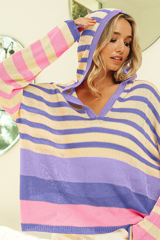 Striped Color Block  Hooded Knit Top
