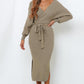 Surplice Neck Bow Waist Slit Sweater Dress