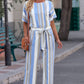 Tied Striped Round Neck Short Sleeve Jumpsuit