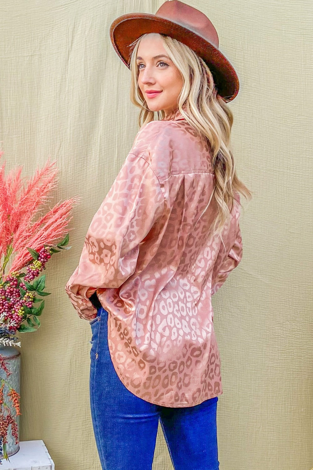 Satin Leopard Button Up Curved Hem Shirt