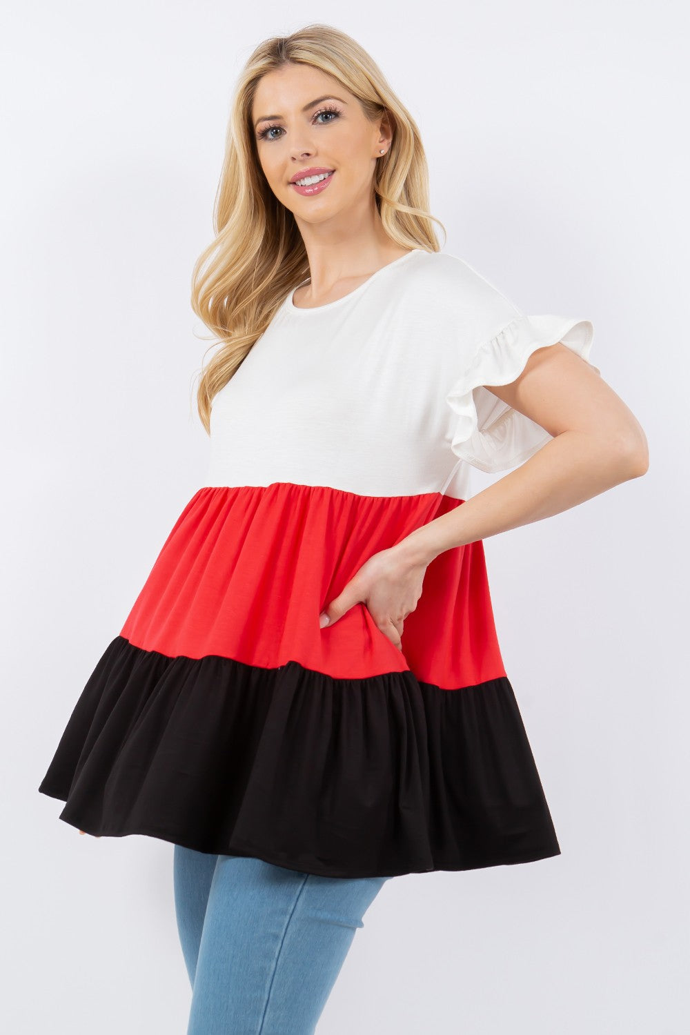 Color Block Ruffled Short Sleeve Top