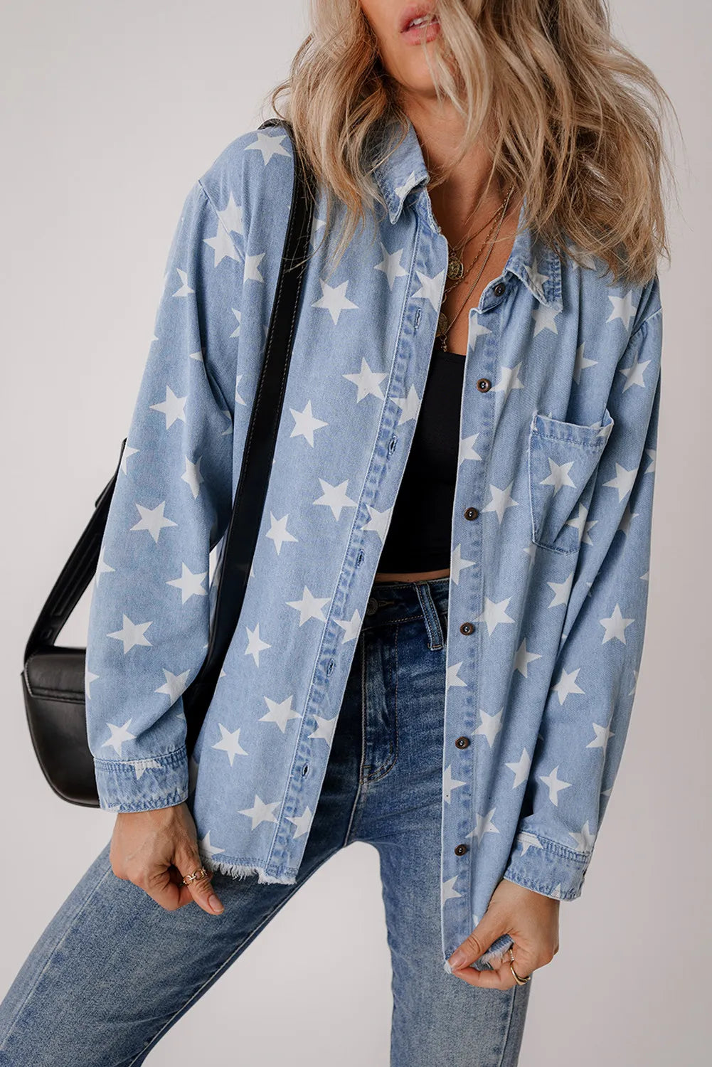 Star Button Up Long Sleeve Denim Jacket