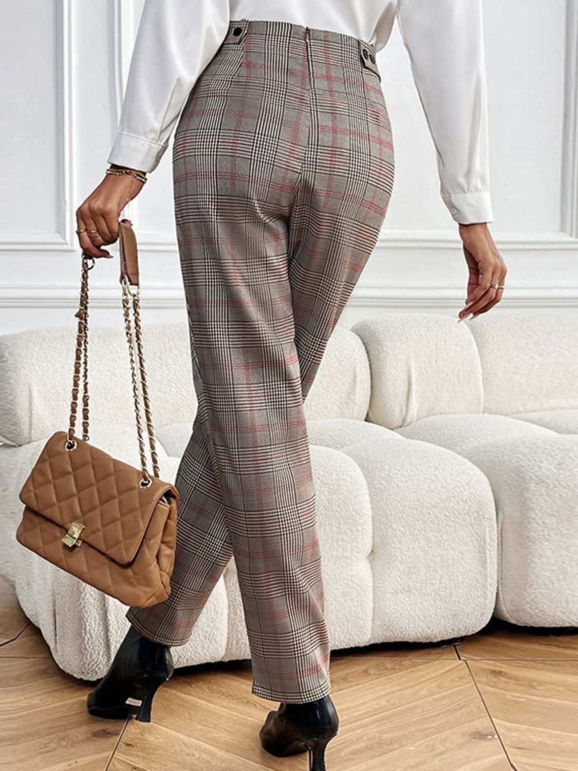 Plaid Straight Pants with Pockets