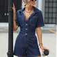 Collared Neck Short Sleeve Denim Romper with Pockets