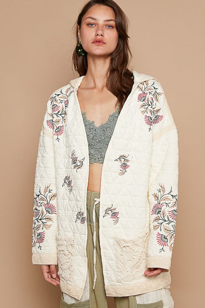 Embroidered Open Front Quilted Jacket with Crochet Pockets