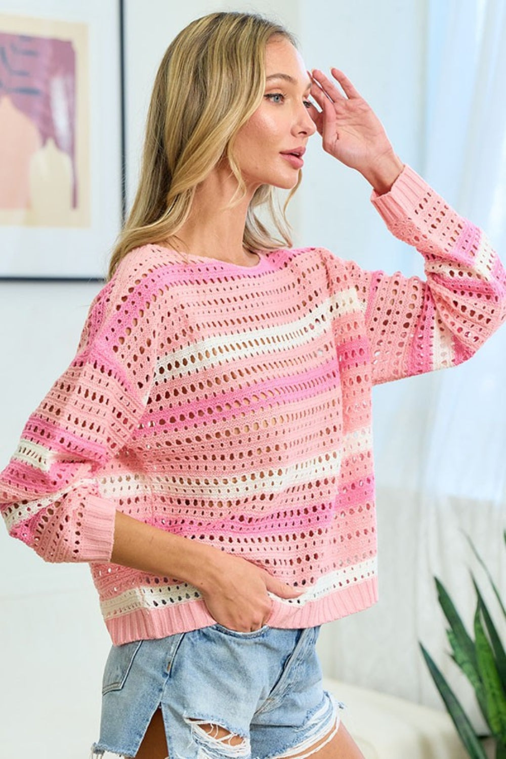 Striped Long Sleeve Openwork Knit Top