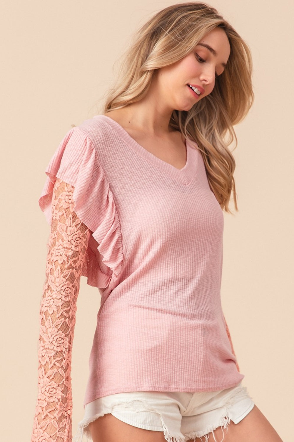 Ruffled Lace Sleeve Rib Knit Top