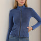 Pocketed Turtleneck Zip Up Denim Top