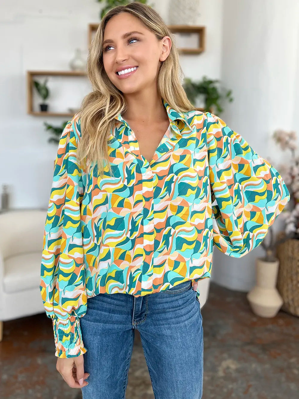 Printed Smocked Long Sleeve Blouse