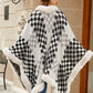 Fuzzy Checkered Long Sleeve Poncho