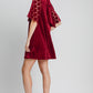 Dotted Lace Half Sleeve Mock Neck Back Tie Velvet Dress