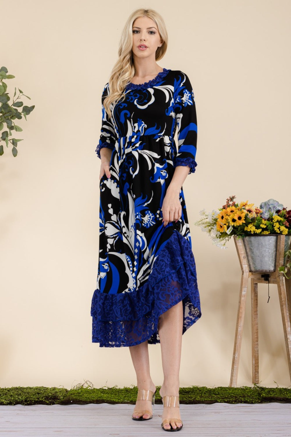 Paisley Print Lace Ruffled Midi Dress