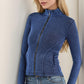 Pocketed Turtleneck Zip Up Denim Top