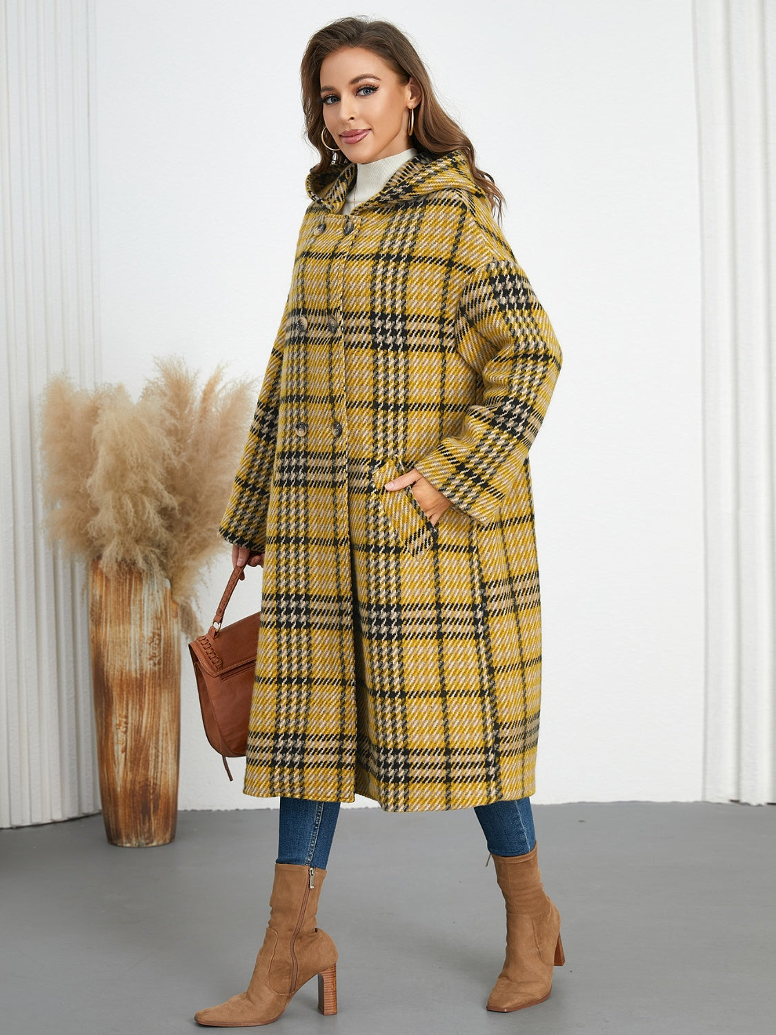 Plaid Double-Breasted Long Sleeve Longline Coat