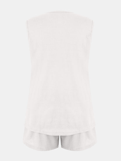 Full Size Waffle-Knit Notched Top and Shorts Set