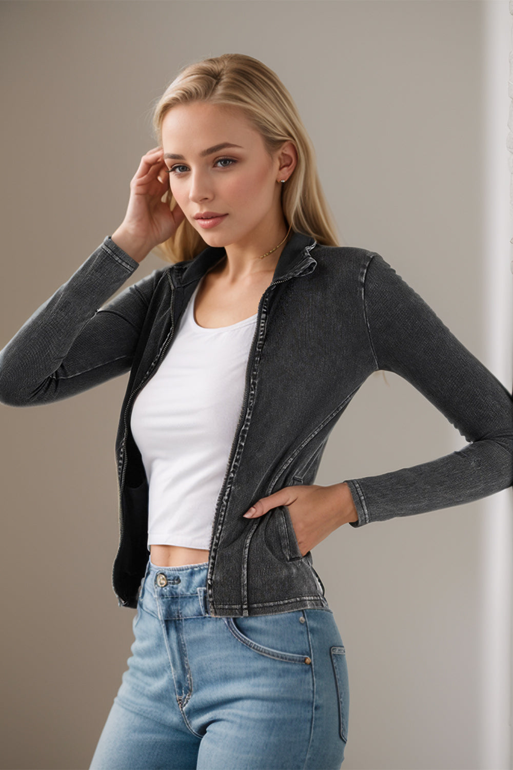 Pocketed Turtleneck Zip Up Denim Top