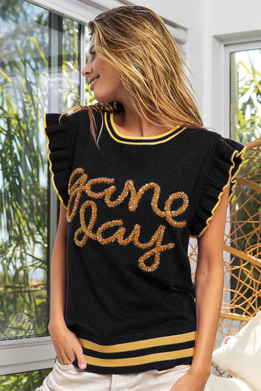 Game Day Letter Contrast Trim Ruffled Sleeveless Sweater