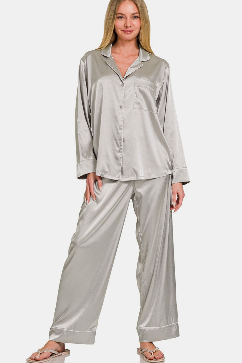 Satin Long Sleeve Shirt and Pants Pajama Set