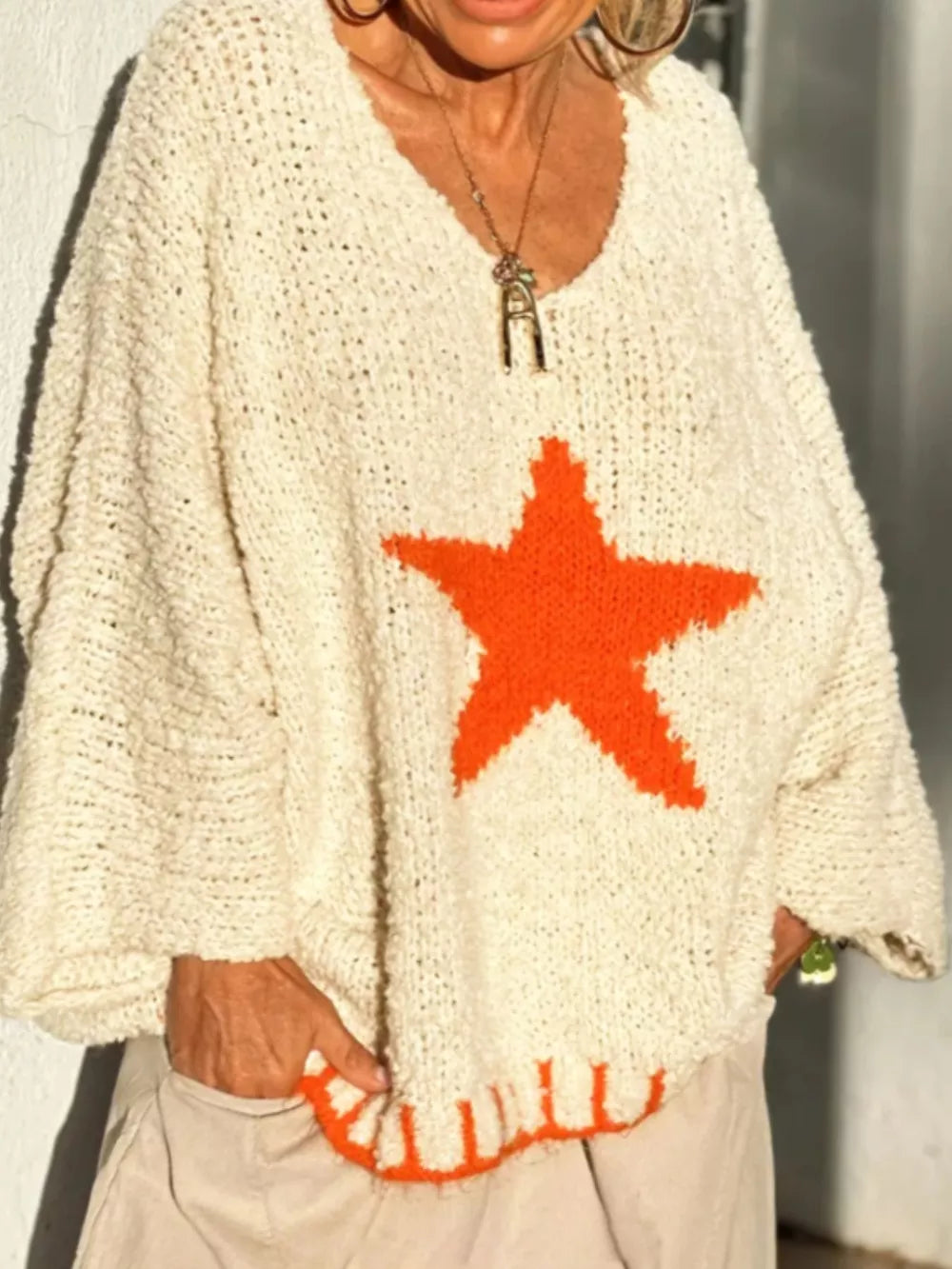 Star V-Neck Long Sleeve Sweater