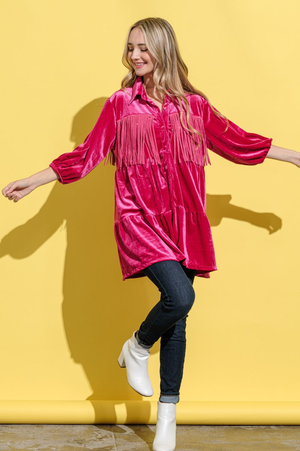 Fringe Detailed Velvet Shirt Dress