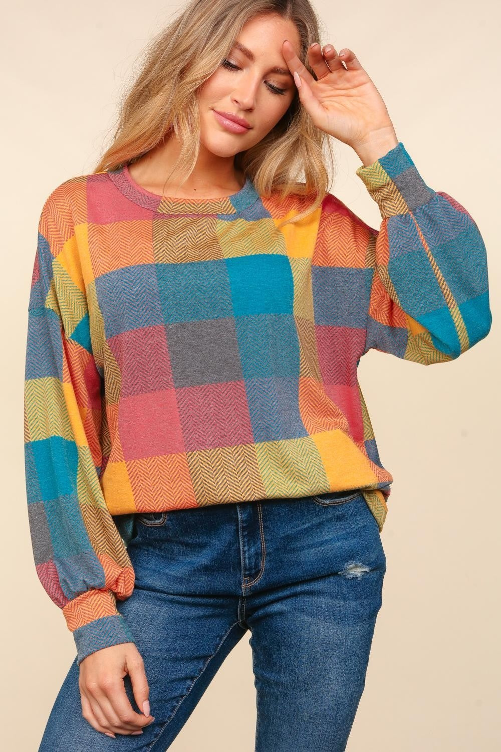 Haptics Round Neck Color Block Plaid Top