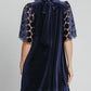 Dotted Lace Half Sleeve Mock Neck Back Tie Velvet Dress