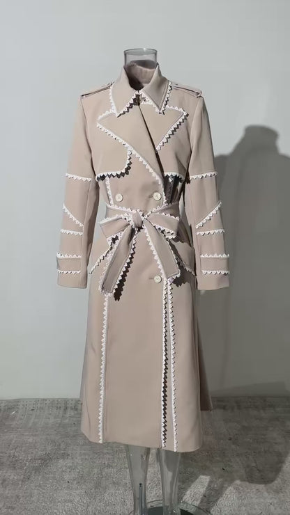 Contrast Lace Trim Double-Breasted Trench Coat