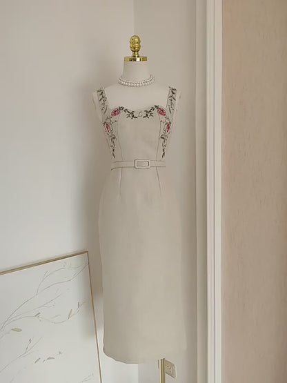 Floral Embroidery Spaghetti Strap Midi Dress