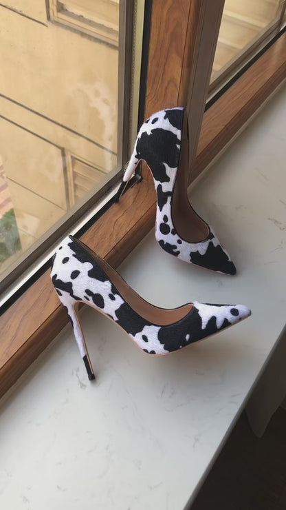 Cow Print Hairy Flock Stiletto Pumps in White