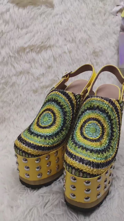 Rivet Platform Chunky Wood Heel Slingback Pumps