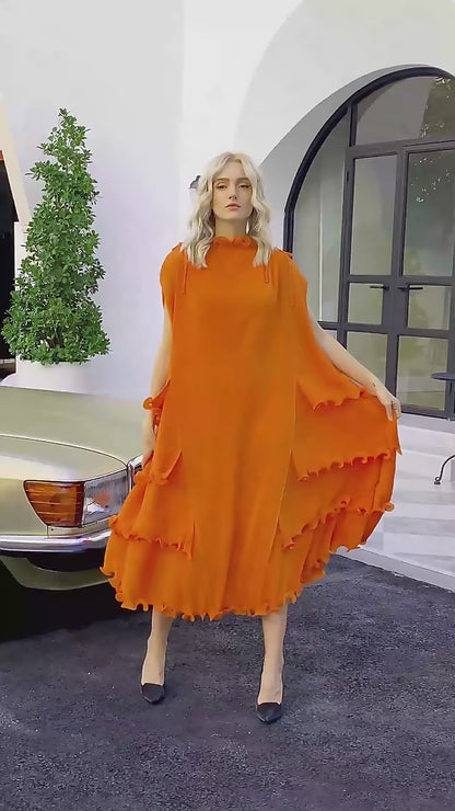 Miyake Pleated Ruffles Layered Sleeveless Midi Dress