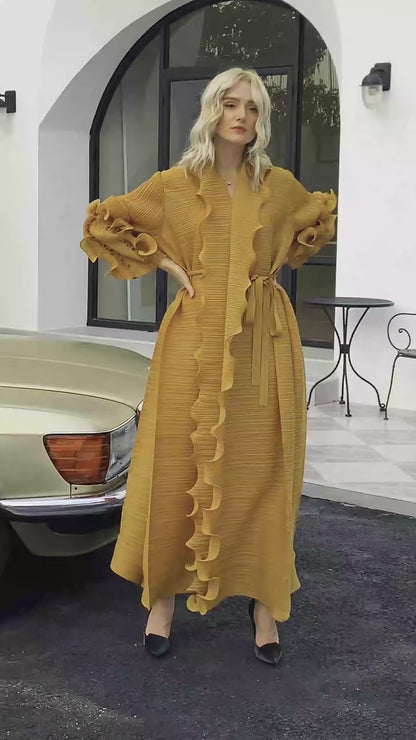 Miyake Pleated Petal Sleeve Ruffled Maxi Dress