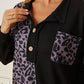 Leopard Waffle-Knit Buttoned Long Sleeve Blouse