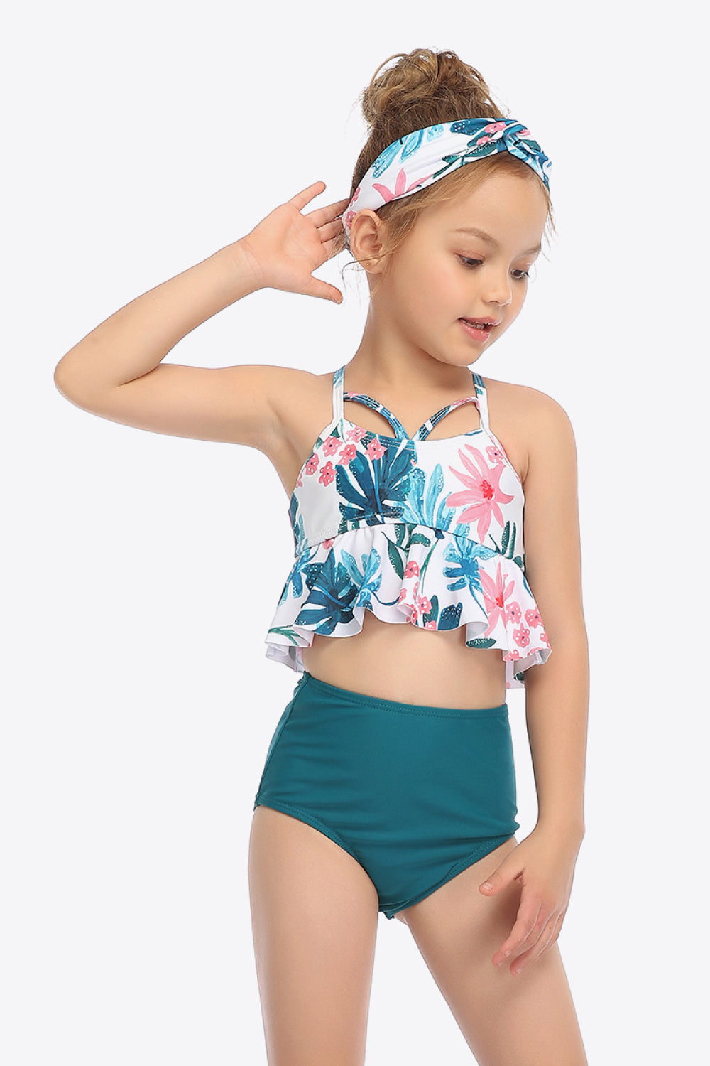 Botanical Print Crisscross Ruffled Two-Piece Swim Set