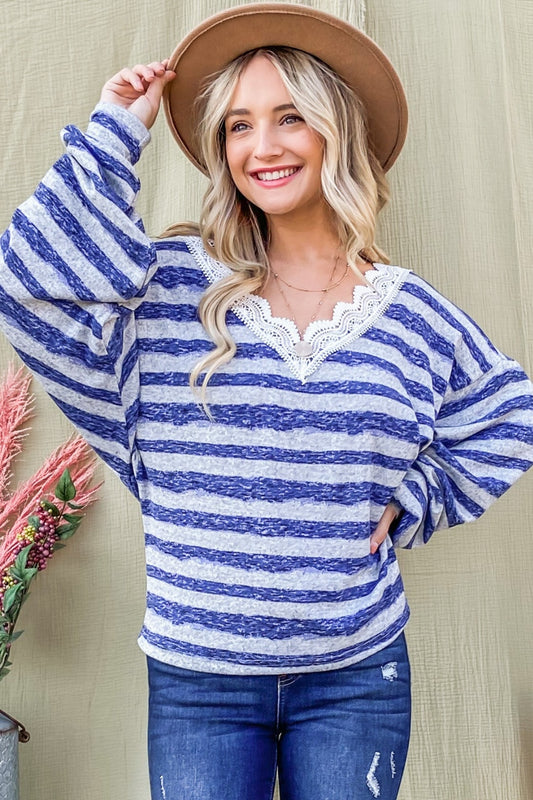 Striped Lace Detail V Neck Top