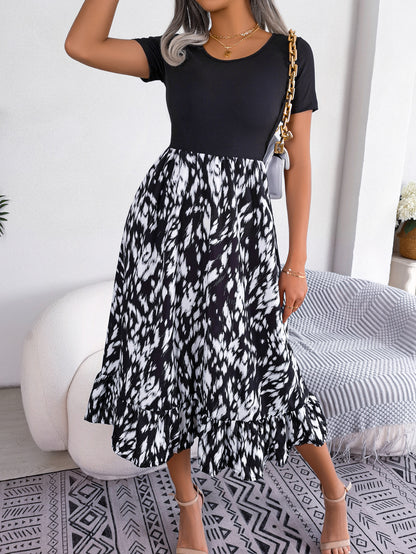 Printed Round Neck Ruffle Hem Dress