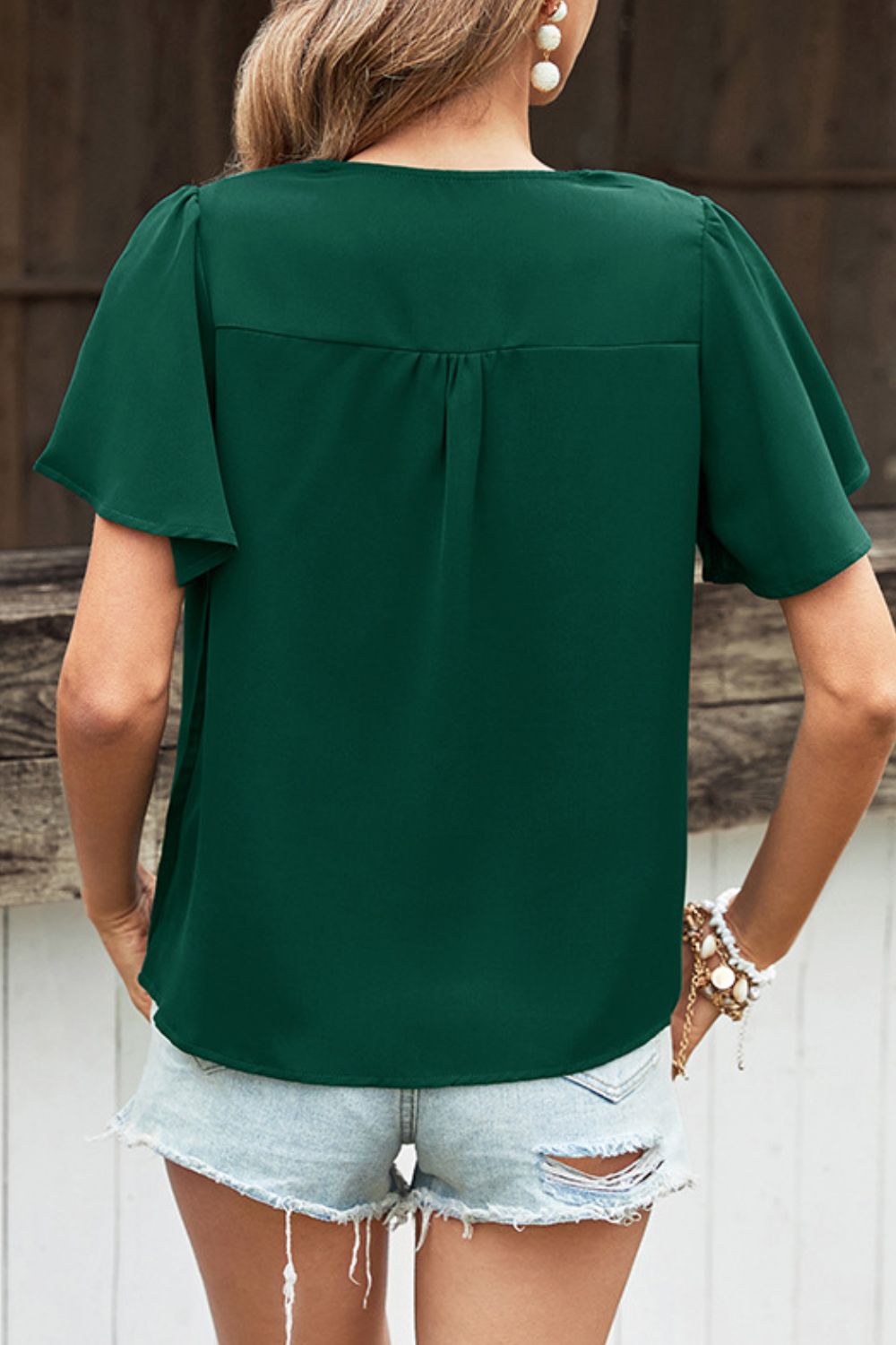 Buttoned Flutter Sleeve V-Neck Blouse