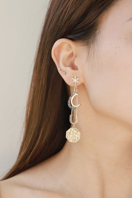 5-Pair Inlaid Rhinestone Moon and Star Drop Earrings Set