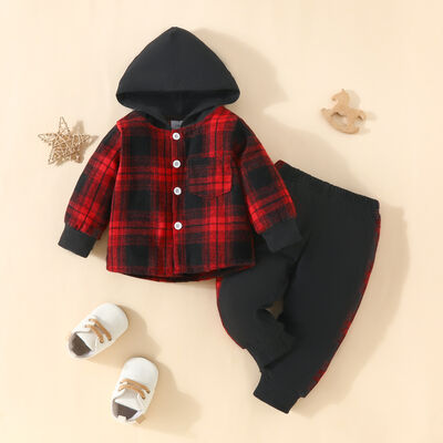 Plaid Button Up Hooded Shacket and Pants Set
