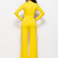Woman wearing yellow mock neck wide leg jumpsuit