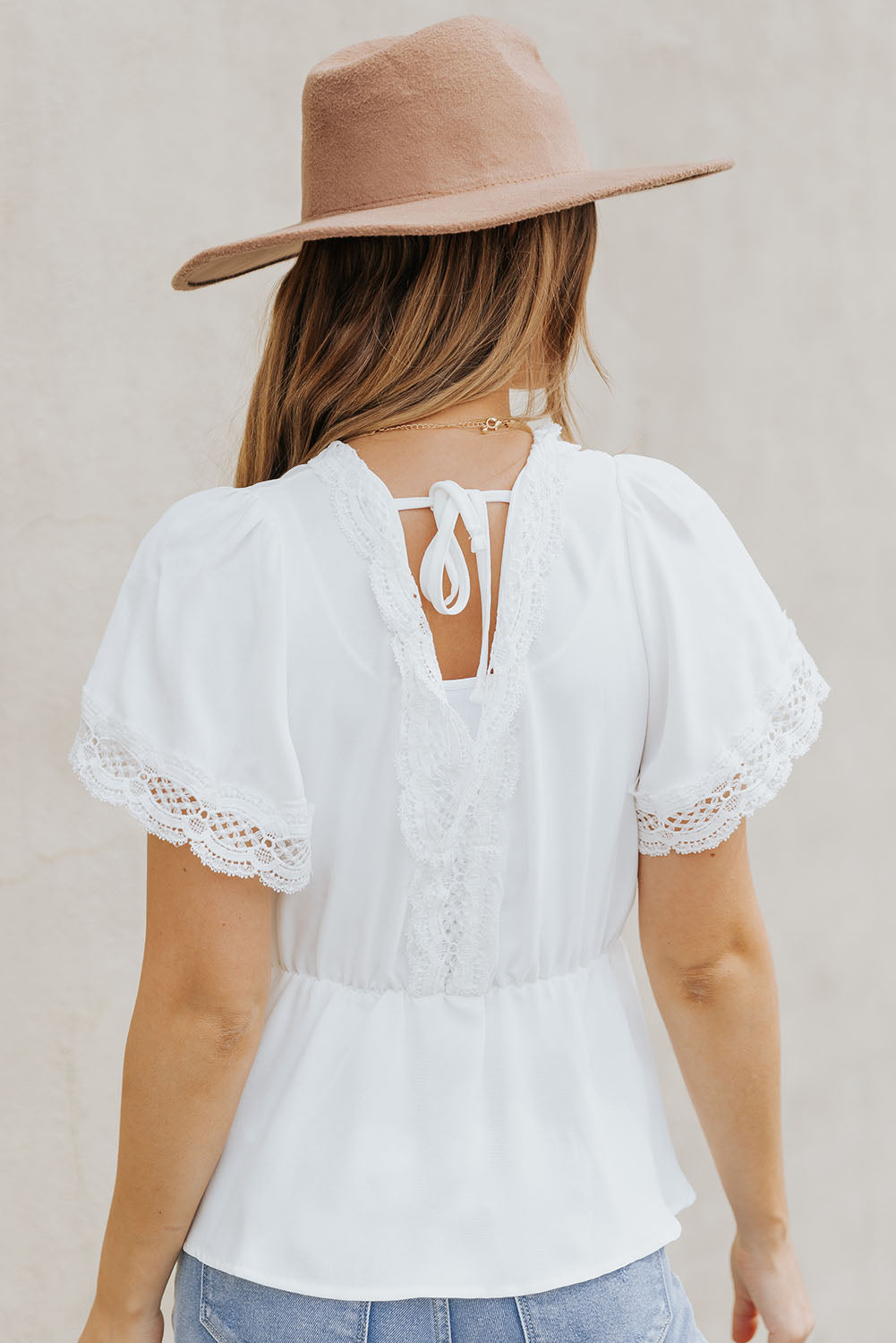 Lace Trim V-Neck Tied Peplum Blouse