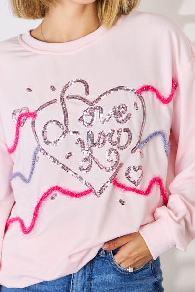 LOVE YOU Heart Sequin Round Neck Sweatshirt
